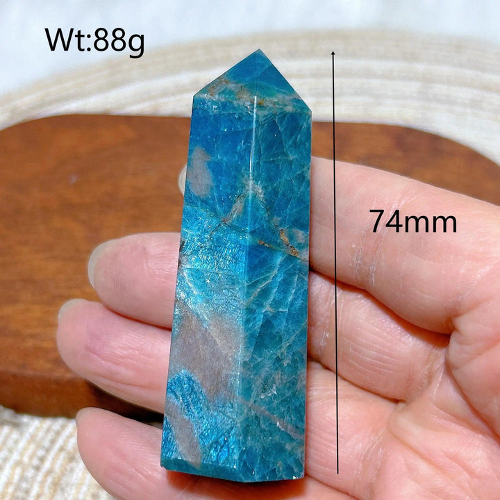 74mm natural blue flashy apatite crystal tower, an 88g healing gemstone point for Reiki, meditation, and home decor.
