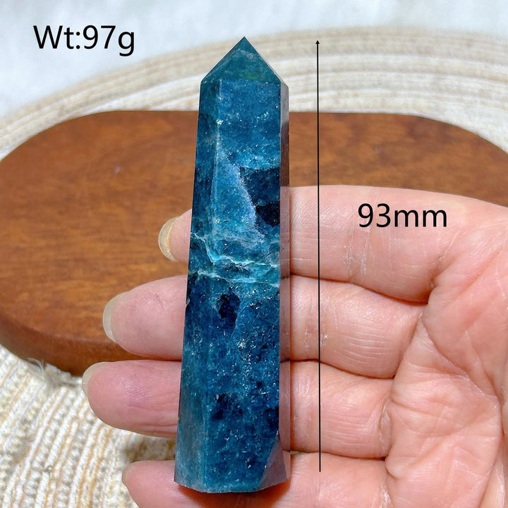 93mm flashy blue Apatite crystal tower, a high-quality natural healing gemstone point for Reiki and home decor.