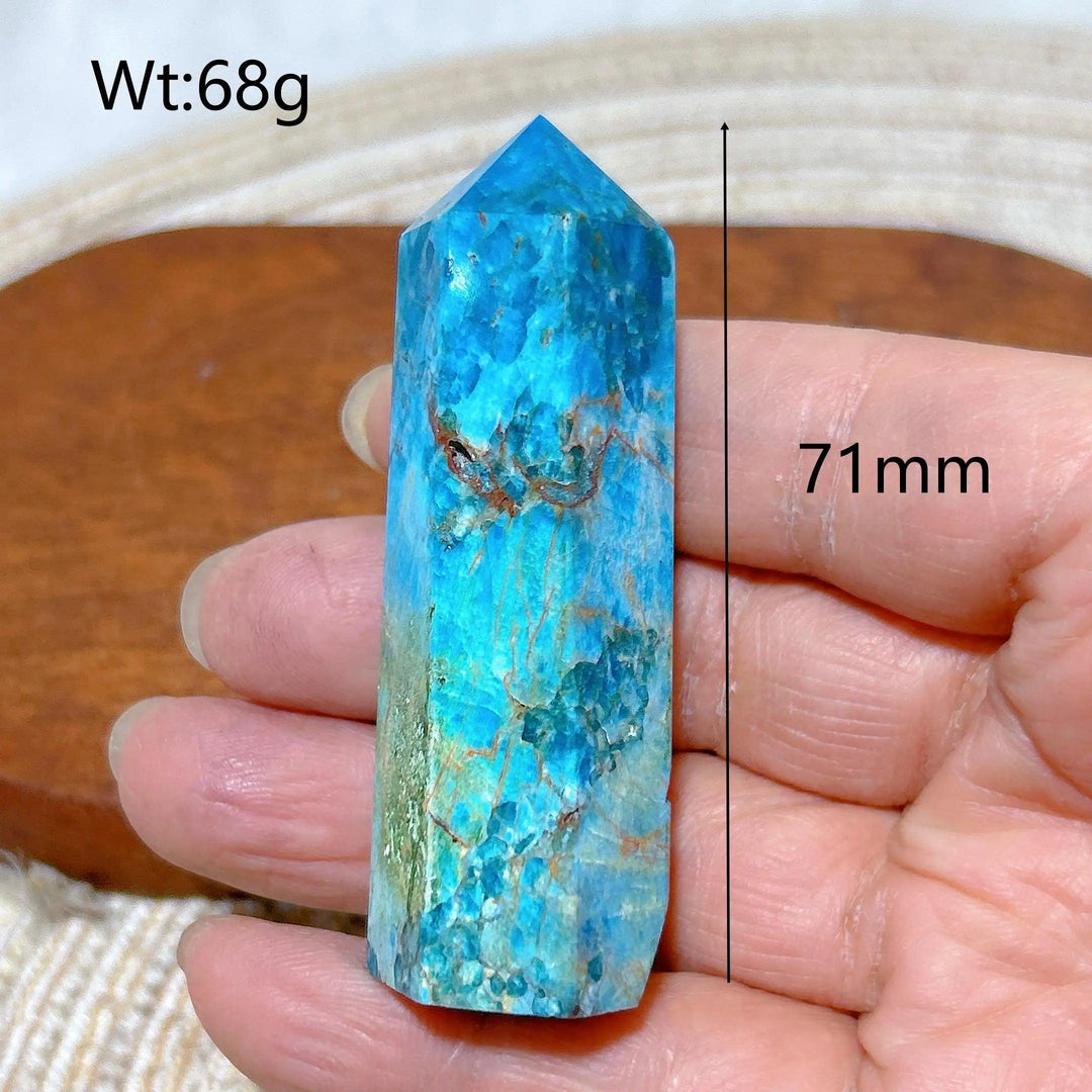 71mm natural blue flashy apatite crystal tower, a high-quality Reiki healing gemstone with vibrant color and texture.