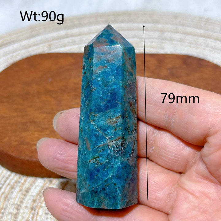 79mm natural blue flashy apatite crystal tower, a high-quality healing gemstone point for Reiki and home decor.