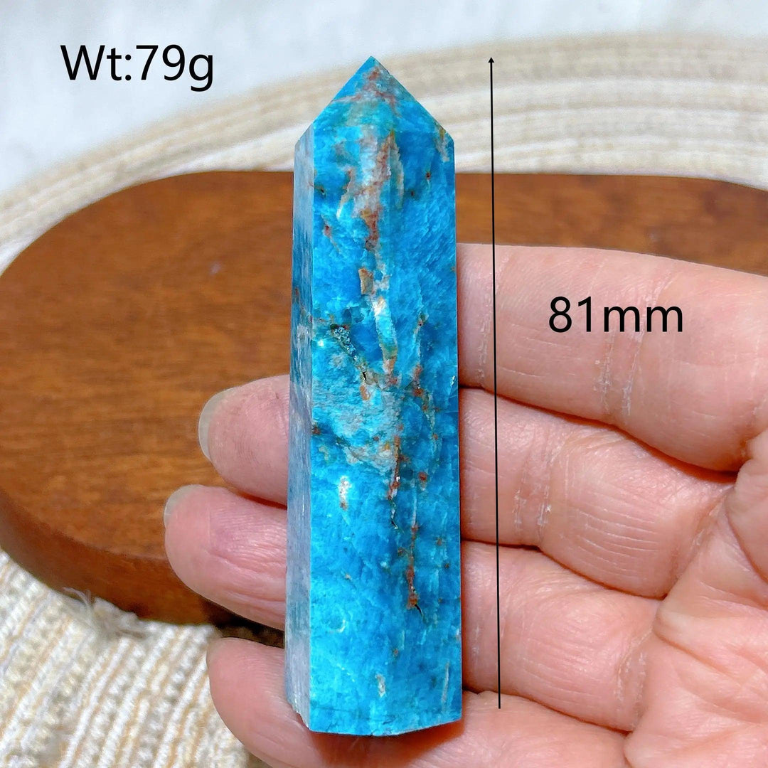 81mm flashy blue Apatite crystal tower, a high-quality healing gemstone point perfect for Reiki and home decor.