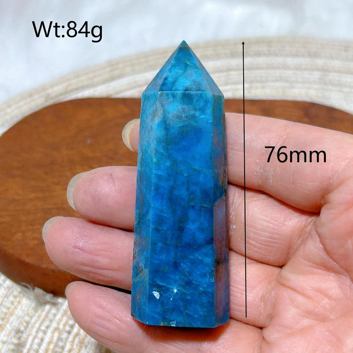 76mm flashy blue Apatite crystal tower, an 84g natural gemstone point perfect for Reiki healing and home decor.