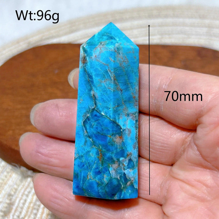 70mm natural blue flashy apatite crystal tower, a high-quality healing gemstone for Reiki and home decor.