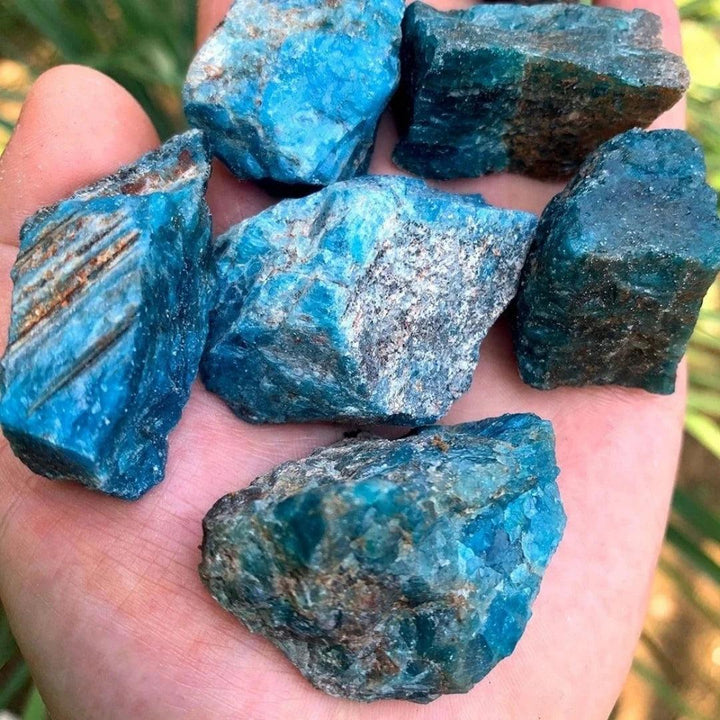 Raw Blue Apatite crystal chunks with vibrant neon blue color, natural glassy textures, and focus-enhancing energy.