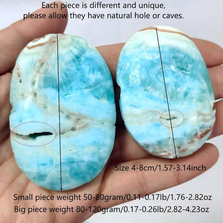 Polished Blue Aragonite palm stone with calming sky-blue hues, perfect for meditation and emotional healing.