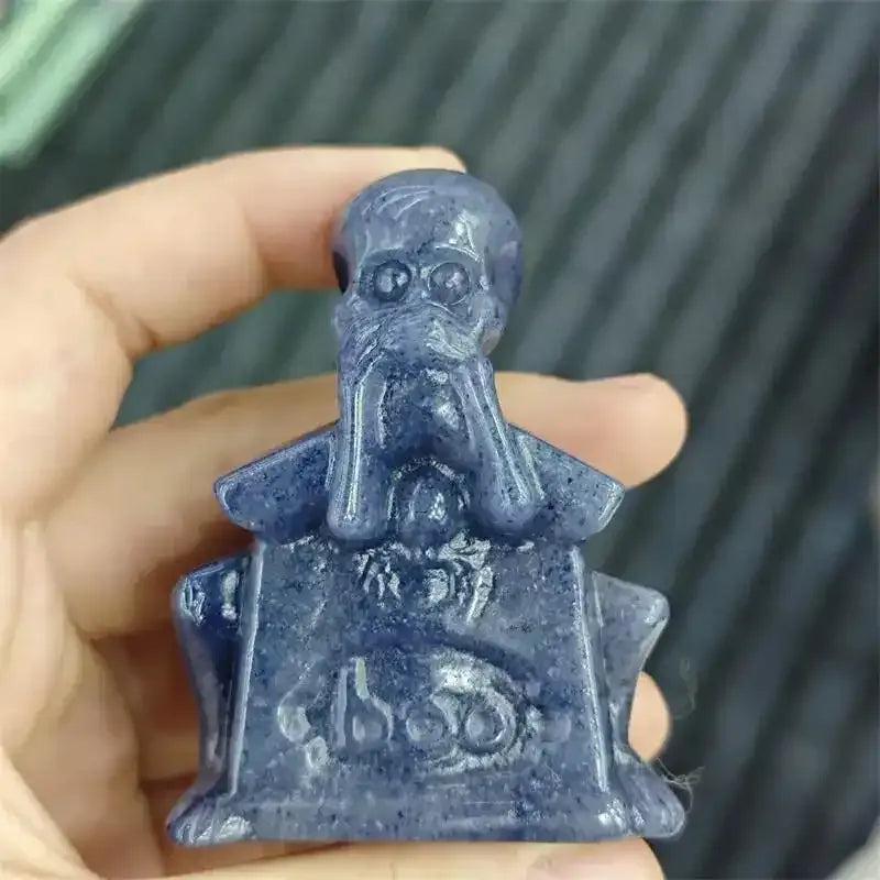 60mm polished Blue Aventurine skeleton carving with detailed ribs and expressive pose, perfect for Throat Chakra healing.