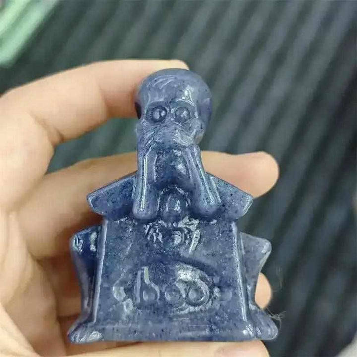 60mm polished Blue Aventurine skeleton carving with detailed ribs and expressive pose, perfect for Throat Chakra healing.