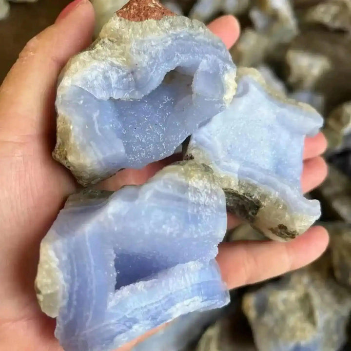 Raw blue banded agate chunk with calming blue and white chalcedony layers, perfect for Throat chakra meditation.