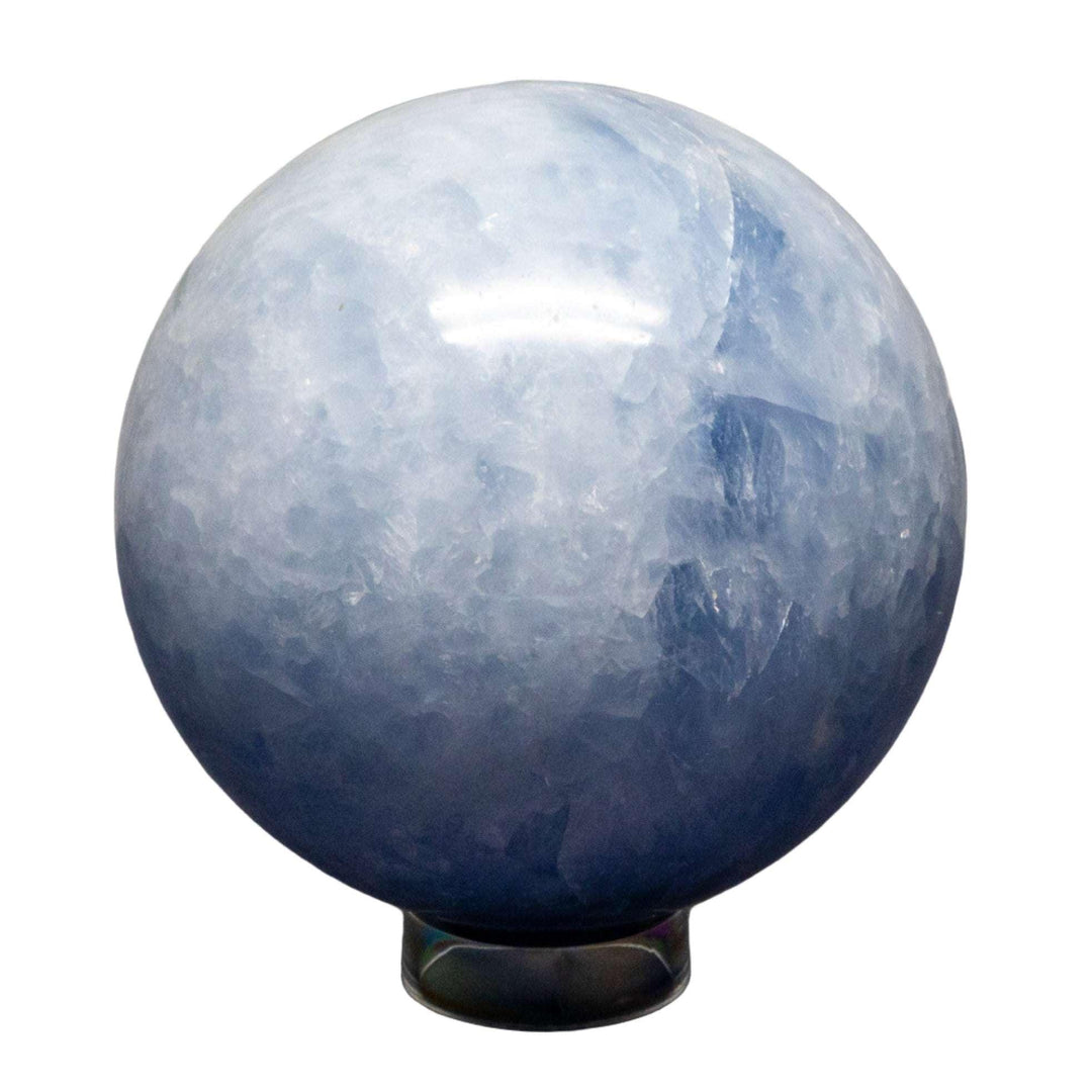 Calming Blue Calcite Sphere, 72-93mm, polished to a smooth finish, showcasing its soft, hazy blue color.
