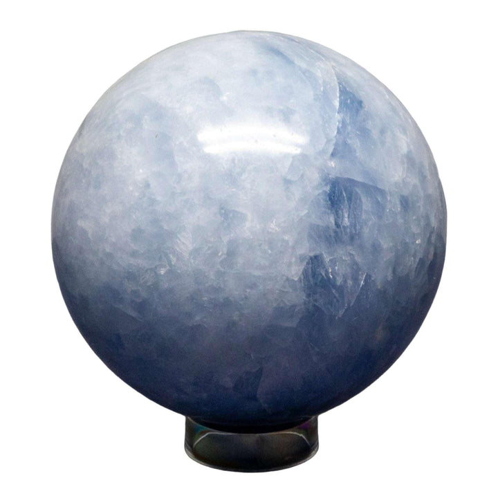 Calming Blue Calcite Sphere, a polished crystal ball with soft, hazy blue hues for serene energy.