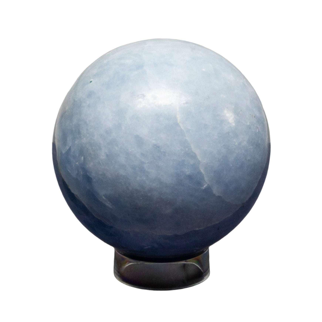 Calming Blue Calcite Sphere, 72-93mm, with hazy blue hues and a smooth, polished finish.