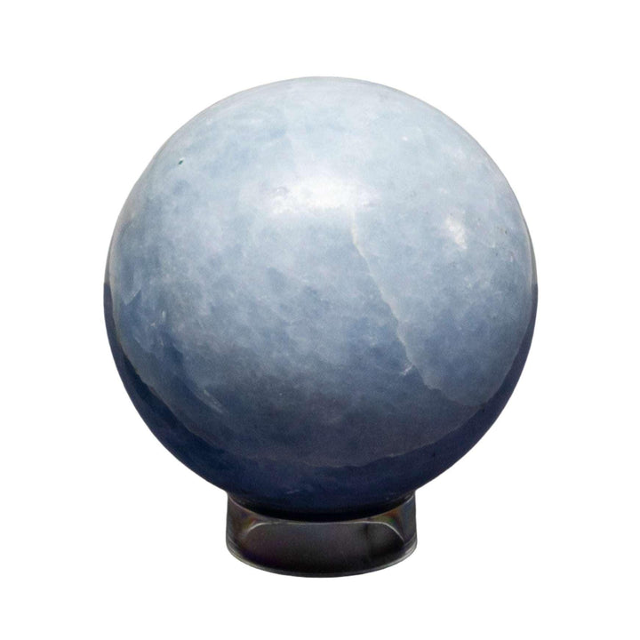 Calming Blue Calcite Sphere, 72-93mm, with hazy blue hues and a smooth, polished finish.