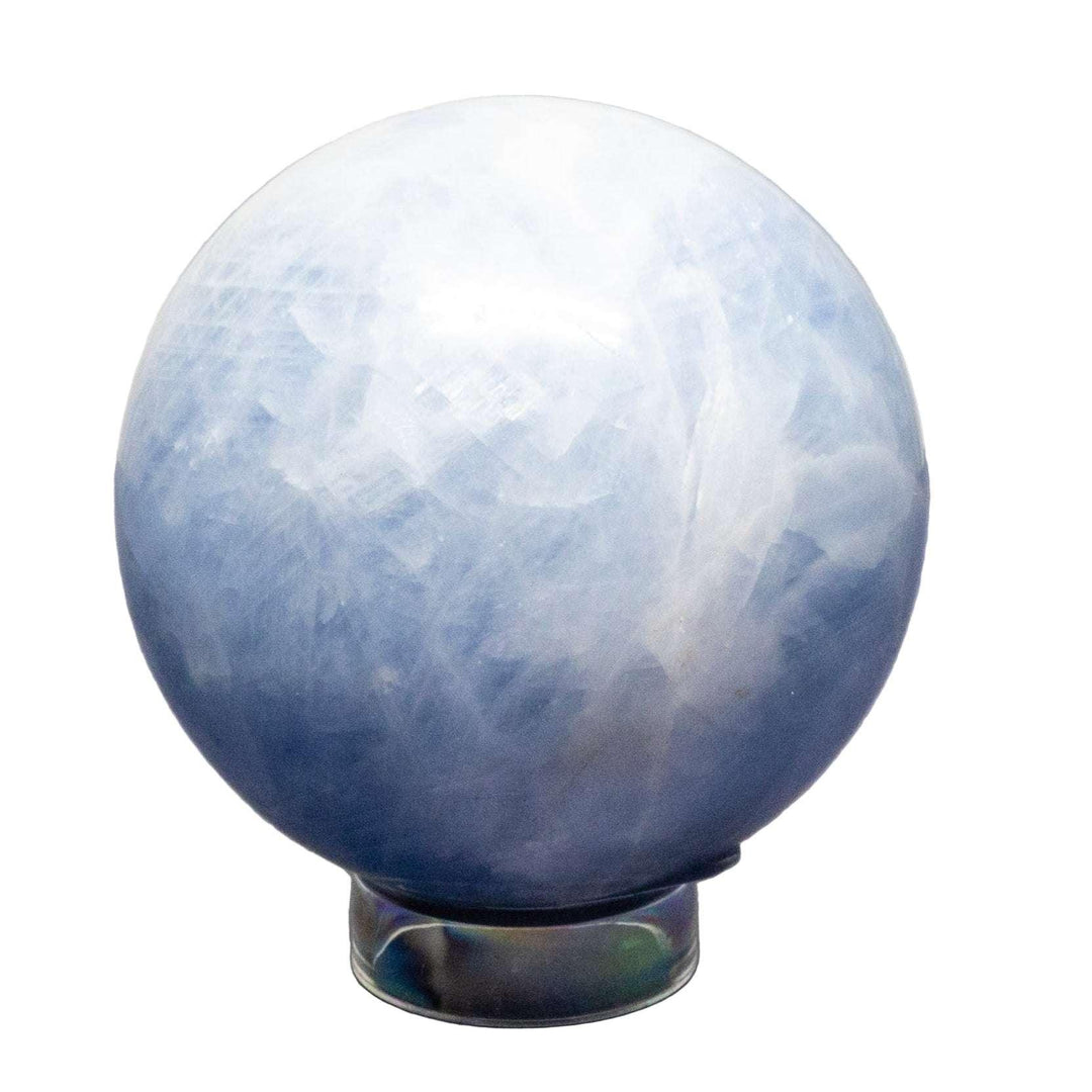 Calming Blue Calcite Sphere, 72-93mm, with hazy blue hues, polished to maximize translucency and color depth.
