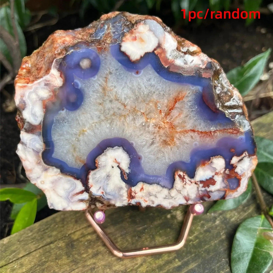 Blue Flower Agate Crystal Slab with deep ocean blues, creamy beige, and cherry blossom patterns, promoting self-discovery.