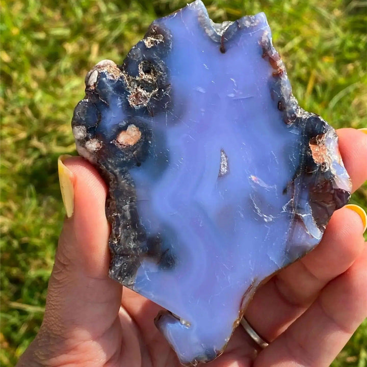Blue Flower Agate Crystal Slab with deep ocean blues and creamy beige cherry blossom patterns, held in hand.