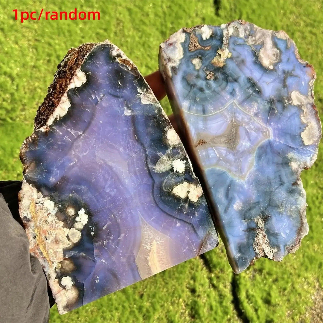 Blue Flower Agate crystal slabs from Crystal Destiny, showcasing deep blues, purples, and white cherry blossom patterns.