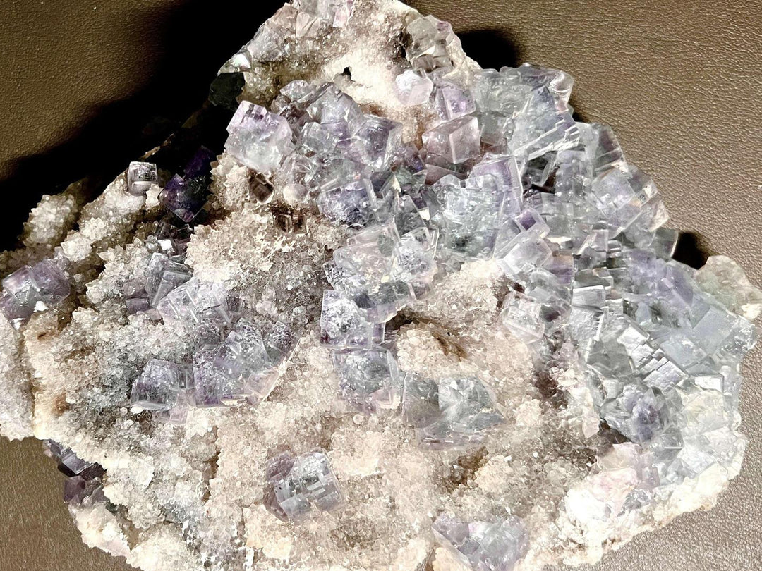 Blue Fluorite XL Sugar Cube Cluster, a rare, double-sided specimen with pale sky to deep teal cubic crystals.