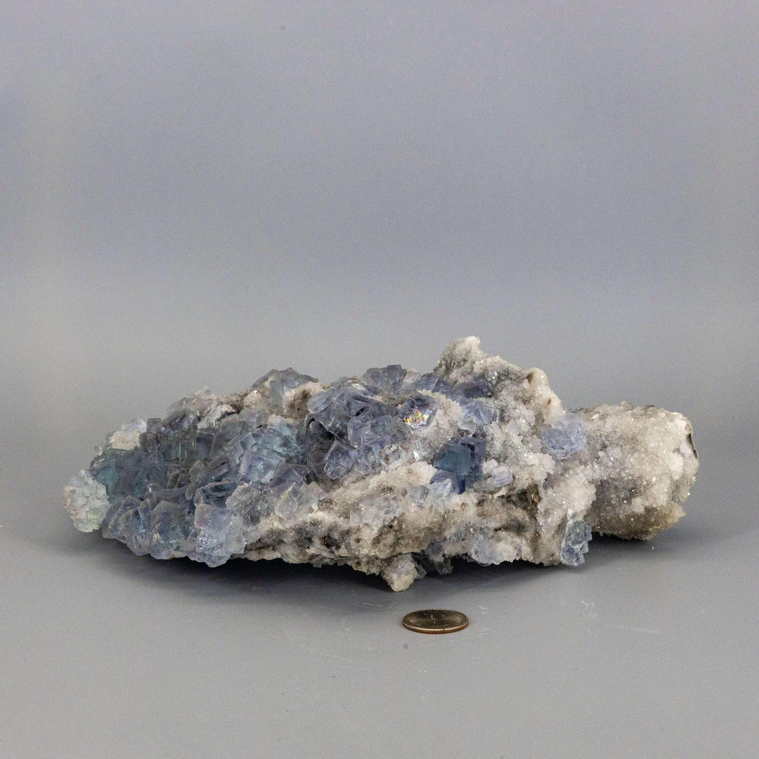 Blue Fluorite XL Sugar Cube Cluster, a rare 5.5 lb specimen with pale sky to deep teal cubic crystals.