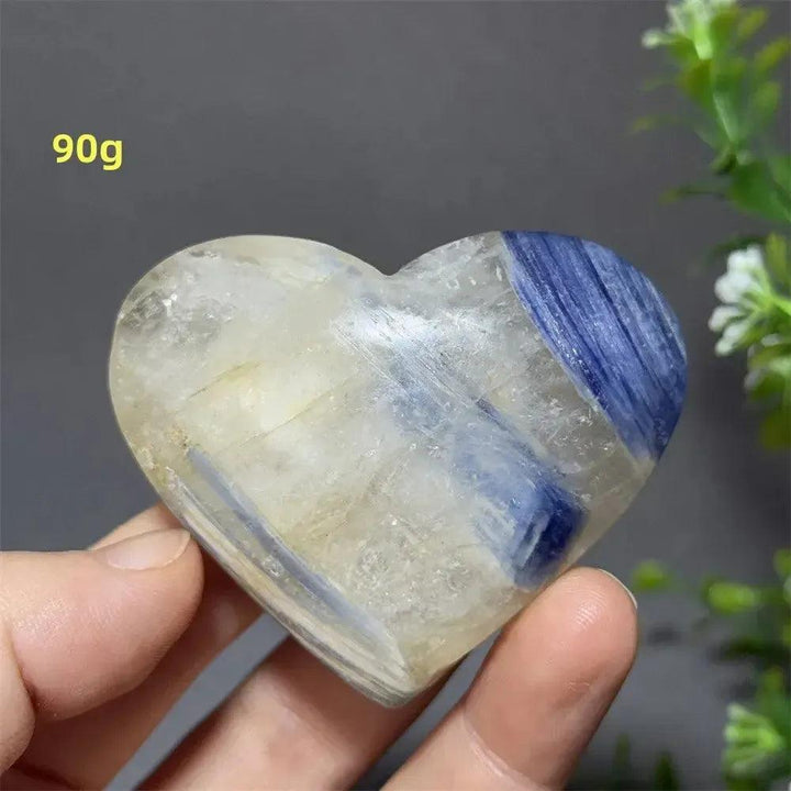 Blue Apatite Crystal Heart: Polished, heart-shaped crystal with vibrant electric blue and clear hues, weighing 90g.