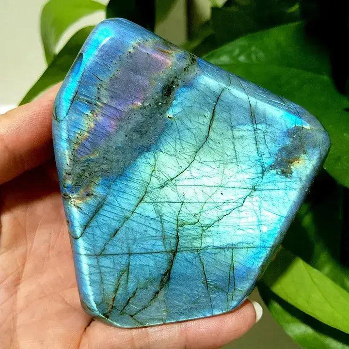 Blue Labradorite Crystal Freeform, displaying stunning flashes of blue and green iridescence, enhancing intuition and clarity.