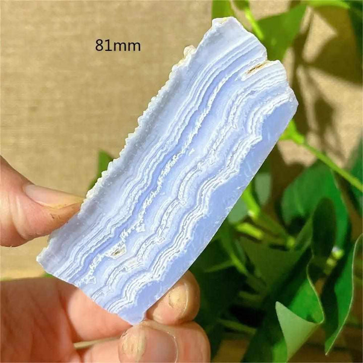 Polished Blue Lace Agate slab featuring calming pale blue and white lace-like bands for soothing Throat Chakra energy.