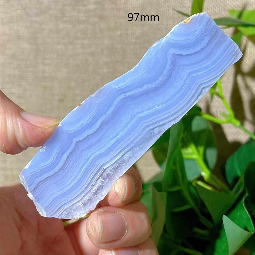 Polished Blue Lace Agate slab with delicate pale blue and white bands, perfect for Throat Chakra healing and desk decor.