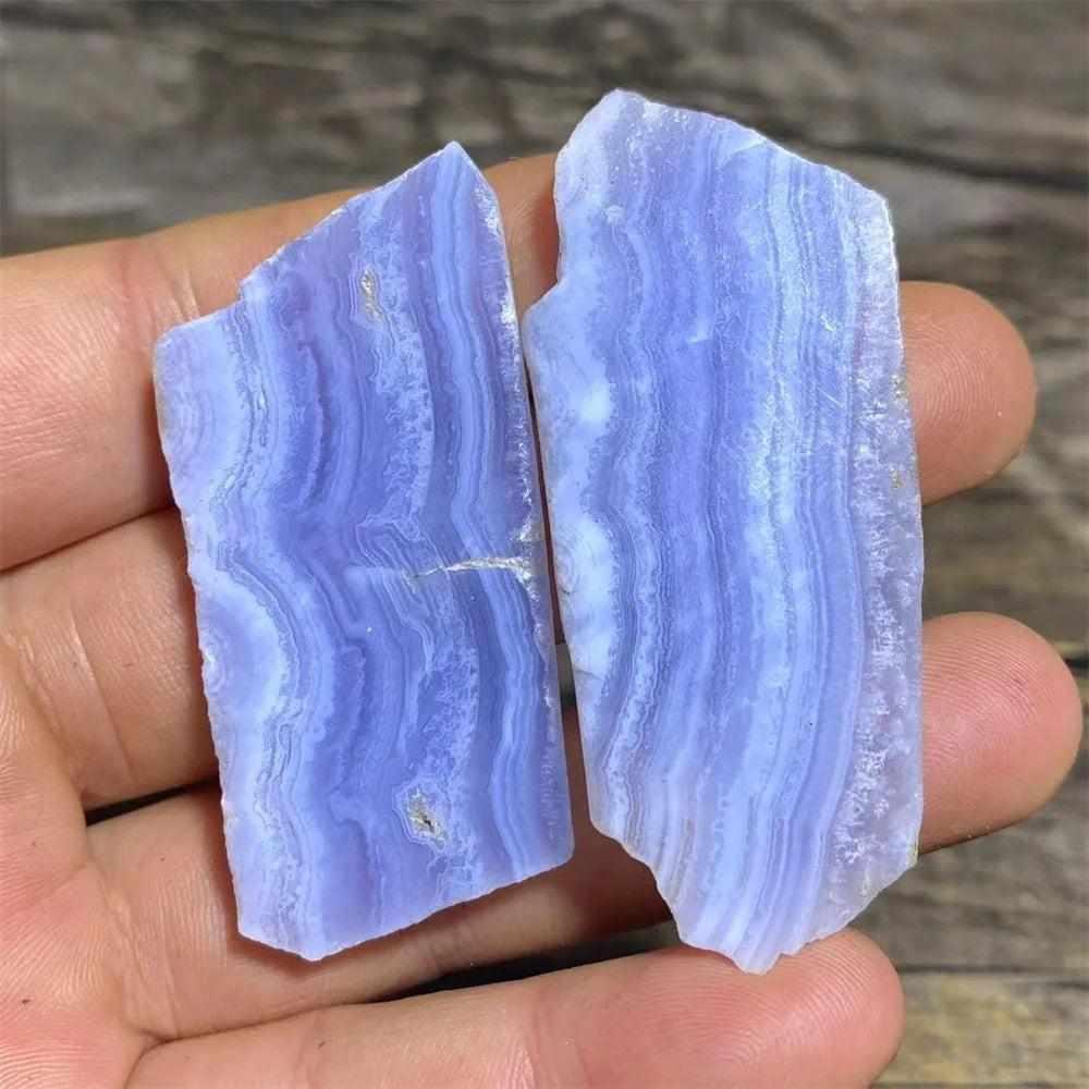 Polished Blue Lace Agate slab featuring calming pale blue and white lace-like bands for soothing throat chakra energy.
