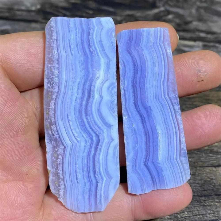 Polished Blue Lace Agate slab with soothing pale blue and white lace bands, perfect for Throat Chakra calm and desk decor.