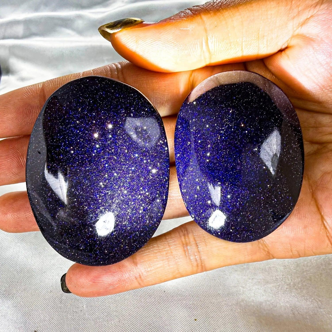 Sparkling Blue Sandstone Crystal Palm Stones for manifestation and throat chakra healing.