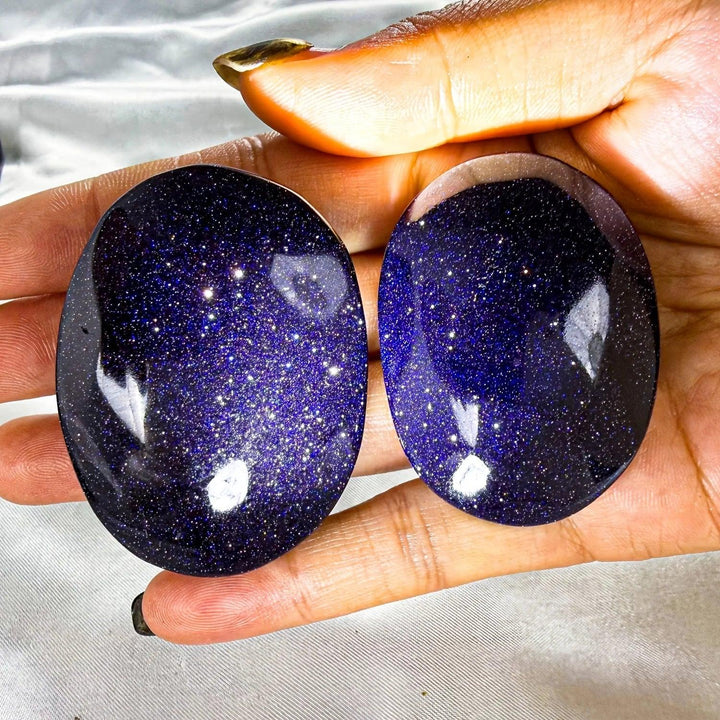 Sparkling Blue Sandstone Crystal Palm Stones for manifestation and throat chakra healing.