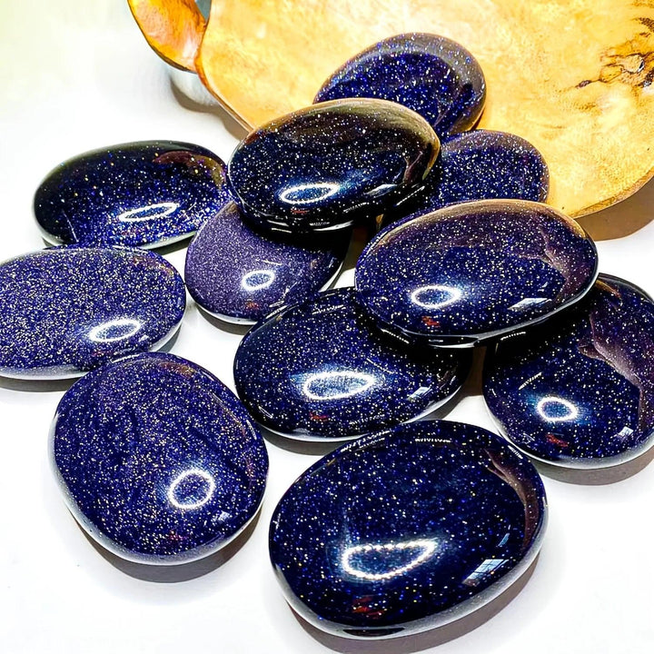 Sparkling Blue Sandstone Crystal Palm Stones for manifestation and confidence.