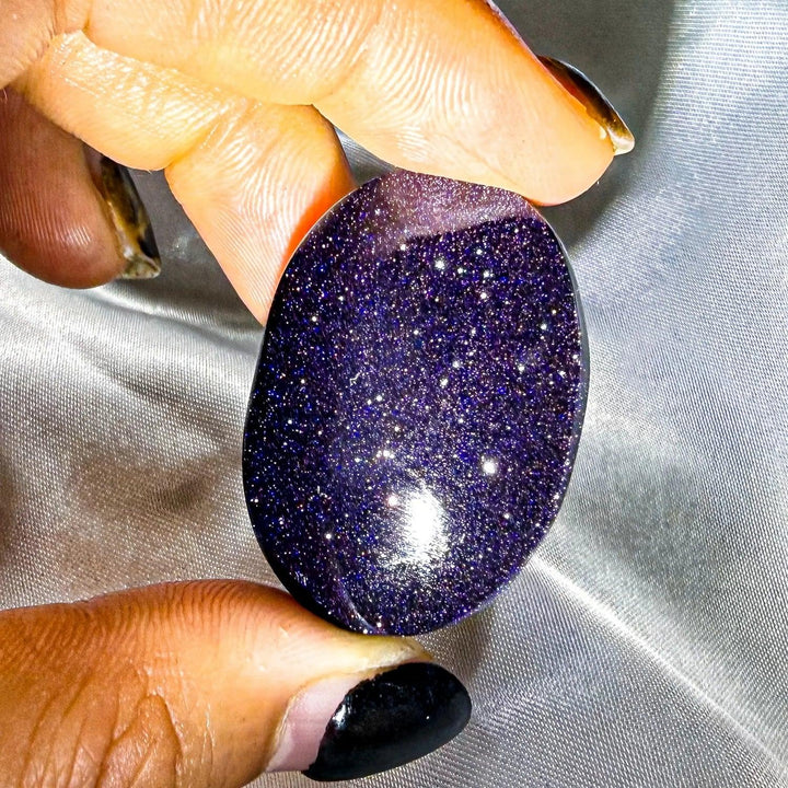 Sparkling Blue Sandstone Crystal Palm Stone for manifestation and confidence.