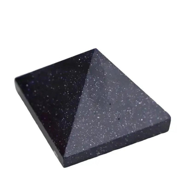 Blue Sandstone Crystal Pyramid from Crystal Destiny, featuring deep blue hues with shimmering golden flecks.