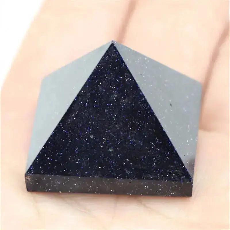 Blue Sandstone Crystal Pyramid from Crystal Destiny, featuring deep blue hues with shimmering golden flecks.