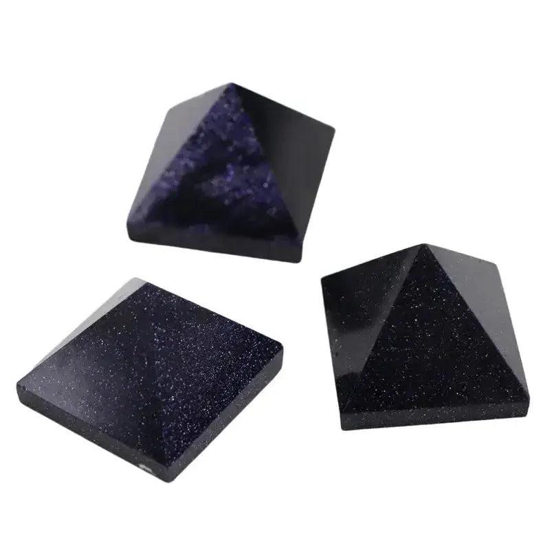 Three sparkling blue sandstone crystal pyramids from Crystal Destiny, ideal for focus and balance.