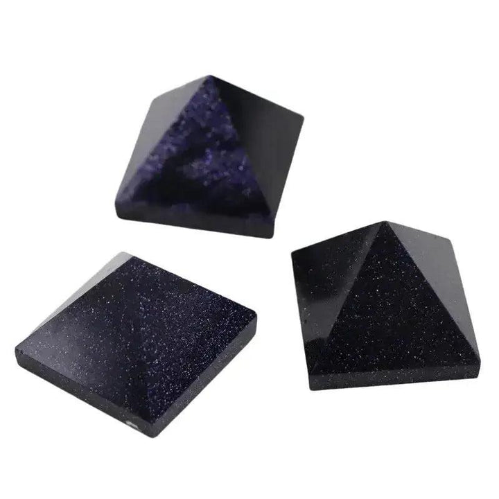 Three sparkling blue sandstone crystal pyramids from Crystal Destiny, ideal for focus and balance.