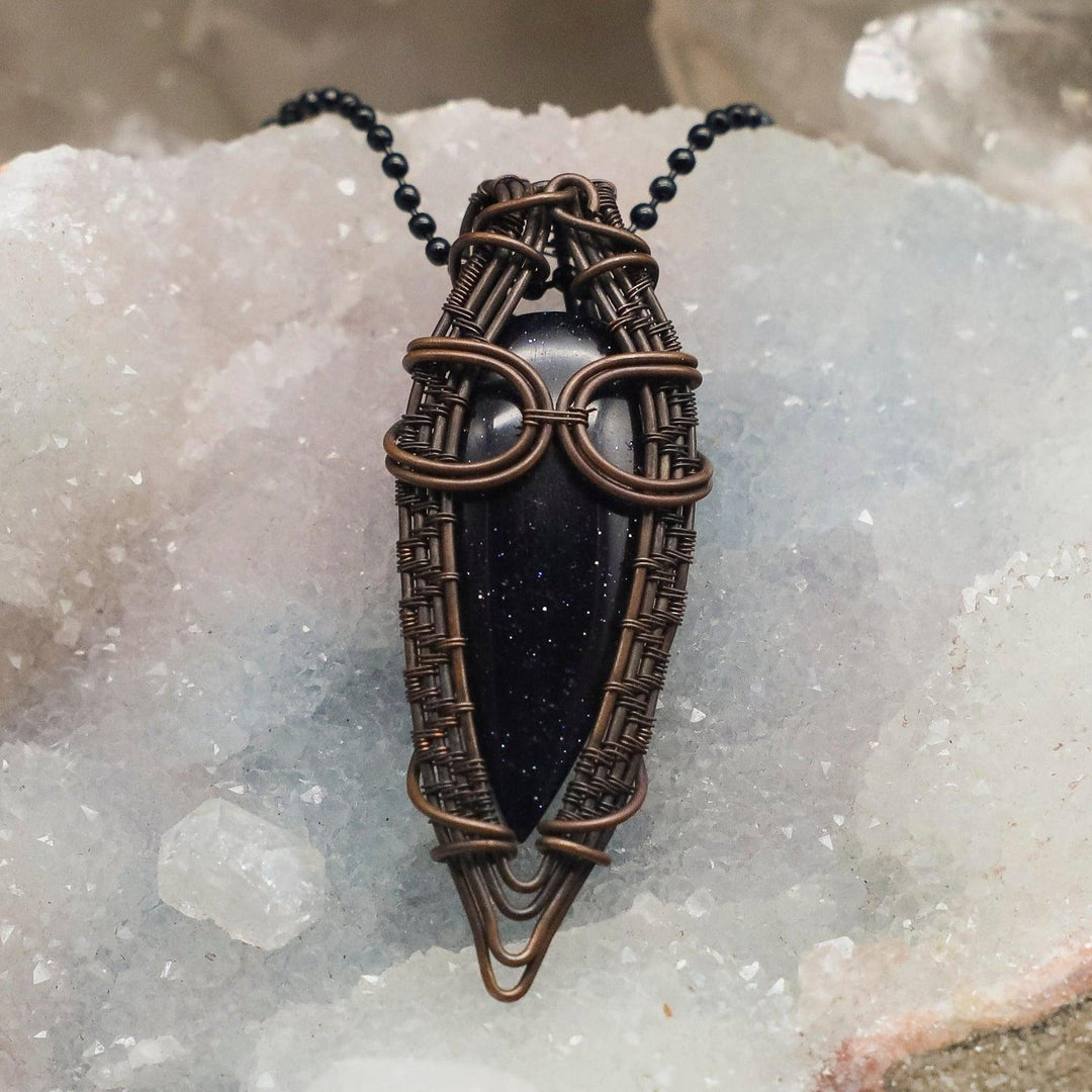 Blue Sandstones Wire Wrap Pendant, 2.5" deep midnight blue with sparkling copper, handcrafted in healing copper.
