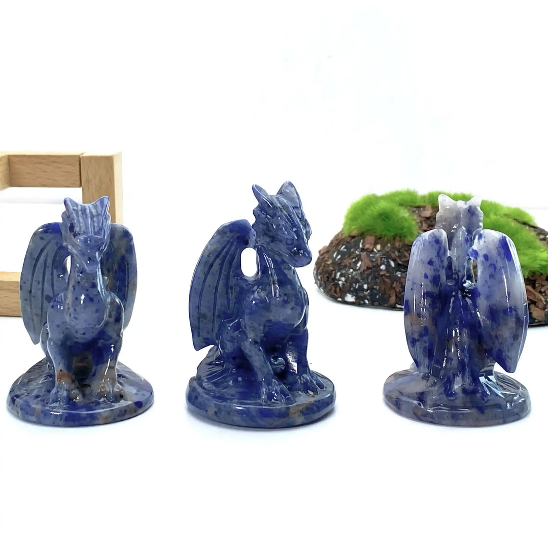 Polished blue sodalite dragon carving with intricate wings, perfect for Throat Chakra healing and crystal collections.