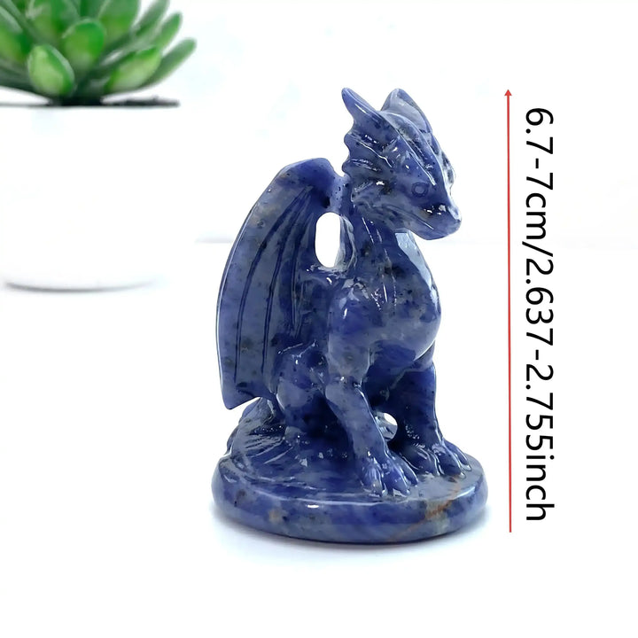 Polished blue sodalite dragon carving, 7cm tall, featuring intricate wings and Throat Chakra healing energy.