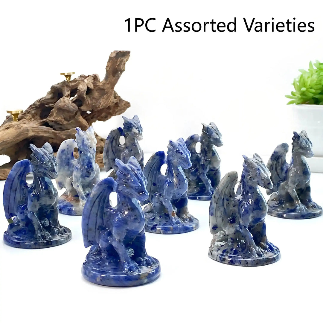 Polished blue sodalite dragon carving, a 70mm Throat Chakra crystal guardian with unique mottled patterns and winged detail.