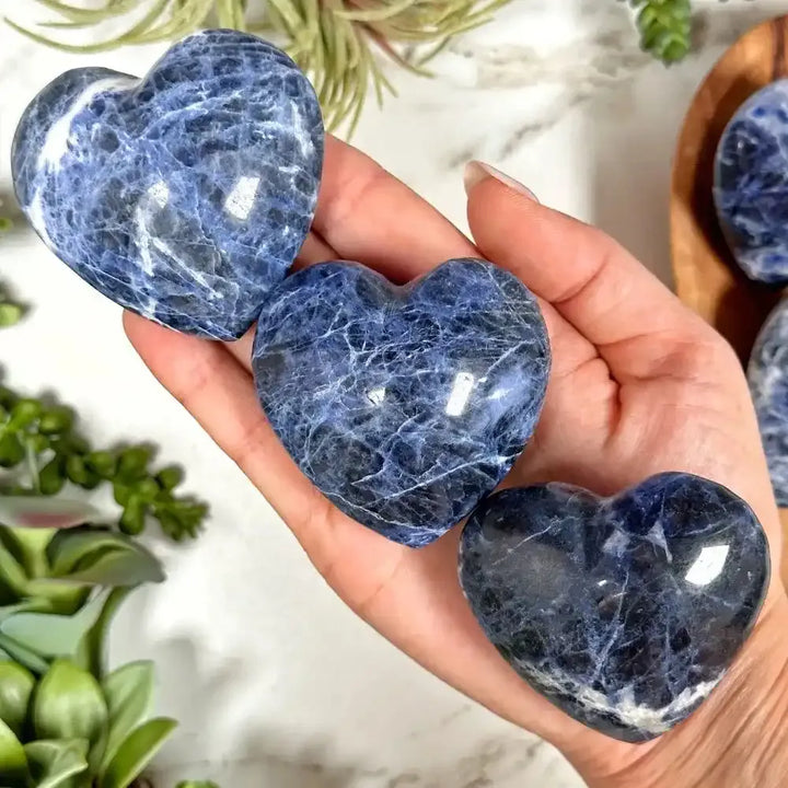 Polished blue sodalite hearts with white veining, held in hand to showcase the Throat Chakra stone's natural beauty.