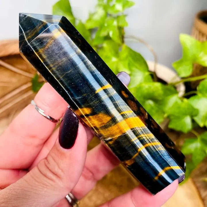 1pc Blue Tiger Eye Crystal Tower | Gold Flash, Healing Stone，Unique Specimen for Collectibles and Educational Use