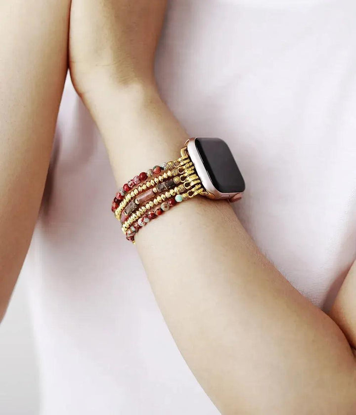 Multi-Layer Jasper Apple iWatch Band with red and gold natural stone beads, transforming your smartwatch into a stunning statement piece.