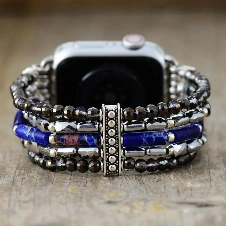 Multi-Layer Jasper Apple iWatch Band with blue and smoky quartz beads, silver accents, and elastic design.