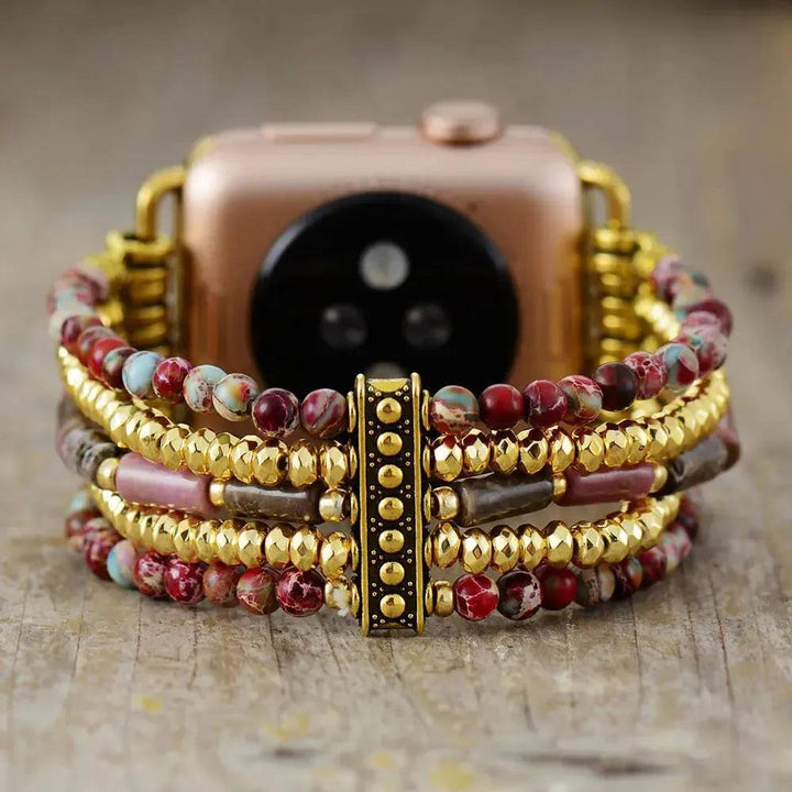 Multi-Layer Jasper Apple iWatch Band with blue, red, and gold gemstone beads; bohemian, spiritual tech accessory.