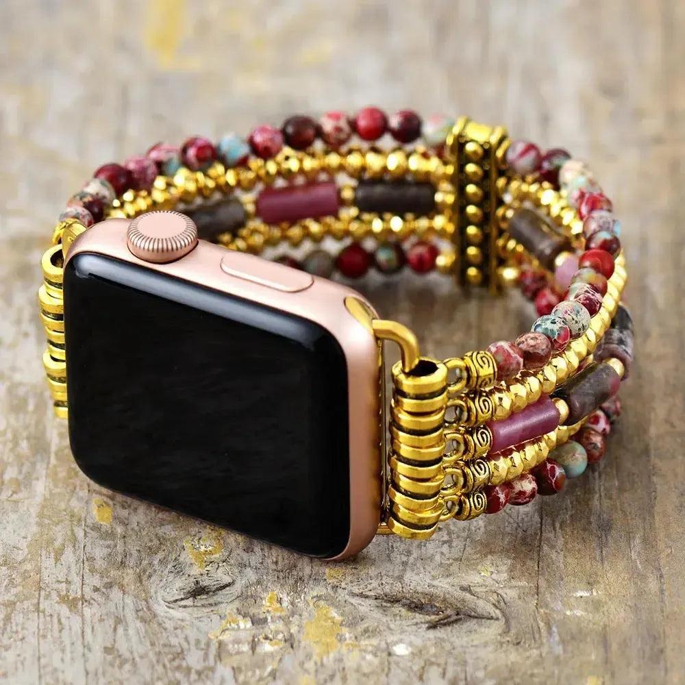 Multi-Layer Jasper Apple iWatch Band: Handcrafted, vibrant jasper beads with gold accents, transforming tech into wearable jewelry.