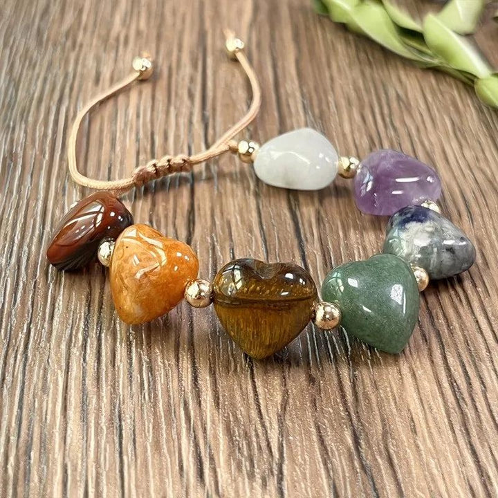 Bohemian 7 Crystal Hearts Woven Bracelet with colorful heart-shaped stones for love and relationships.