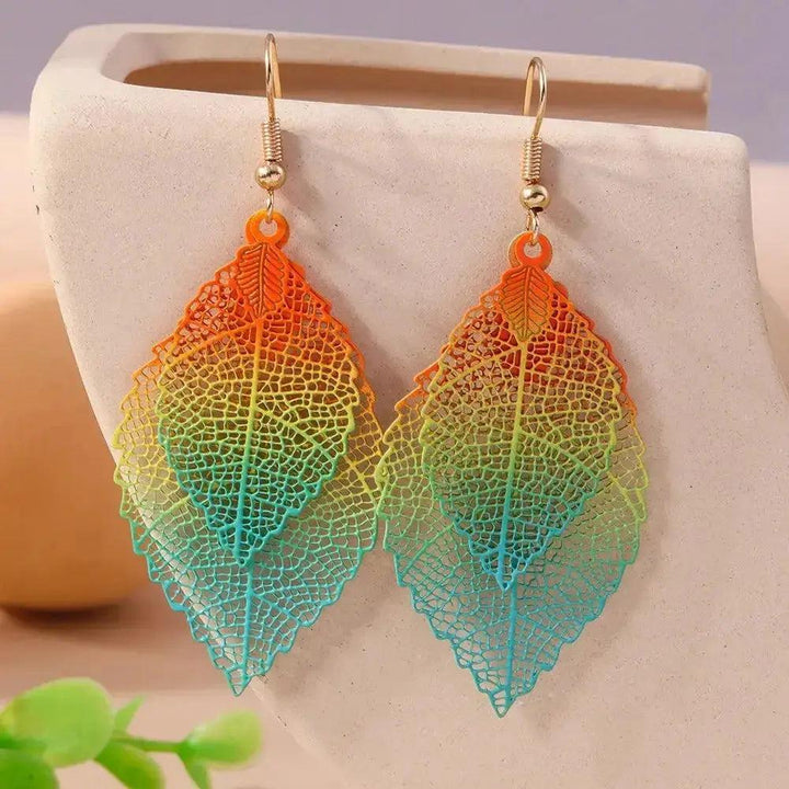 Bohemian Double Leaf Drop Earrings with vibrant orange, green, and blue gradient, hollow cutwork, and lightweight design.