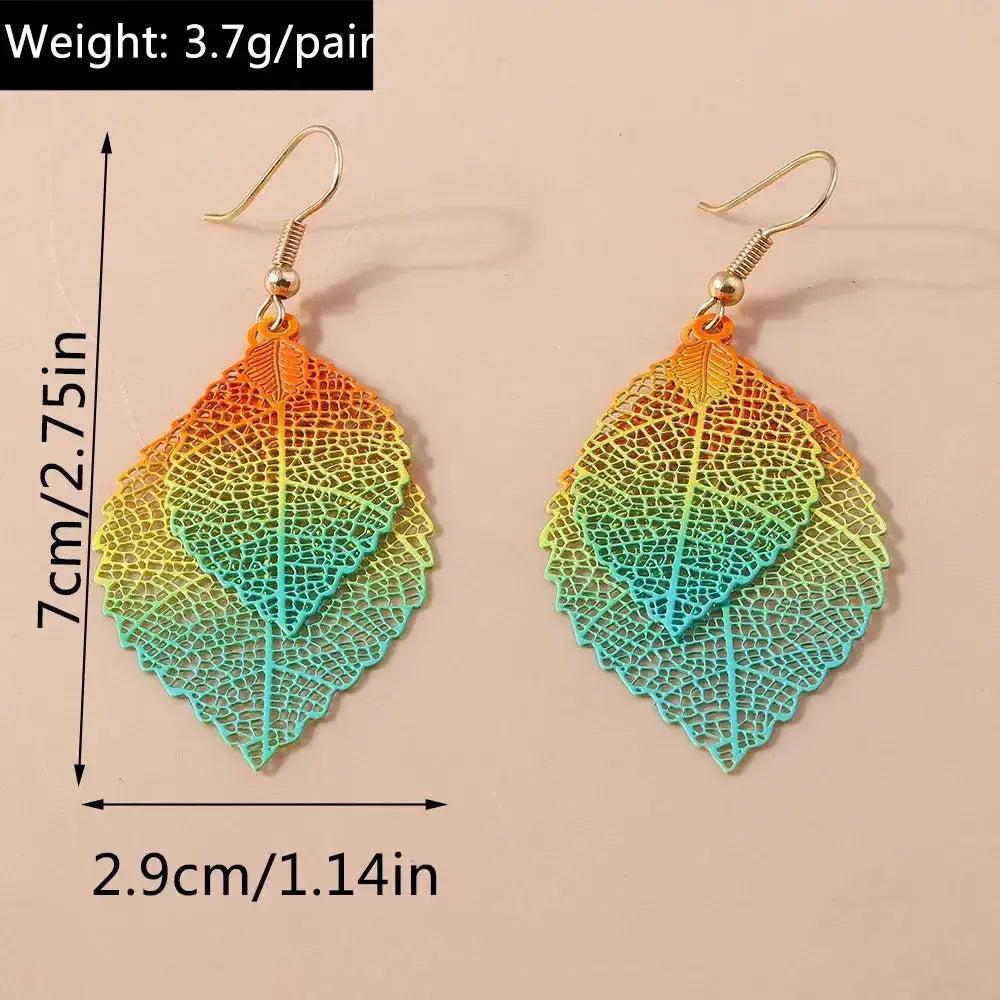 Bohemian Double Leaf Drop Earrings with gradient warm to cool tones, hollow cutwork, and fish hook closure.