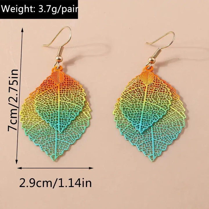 Bohemian Double Leaf Drop Earrings with gradient warm to cool tones, hollow cutwork, and fish hook closure.